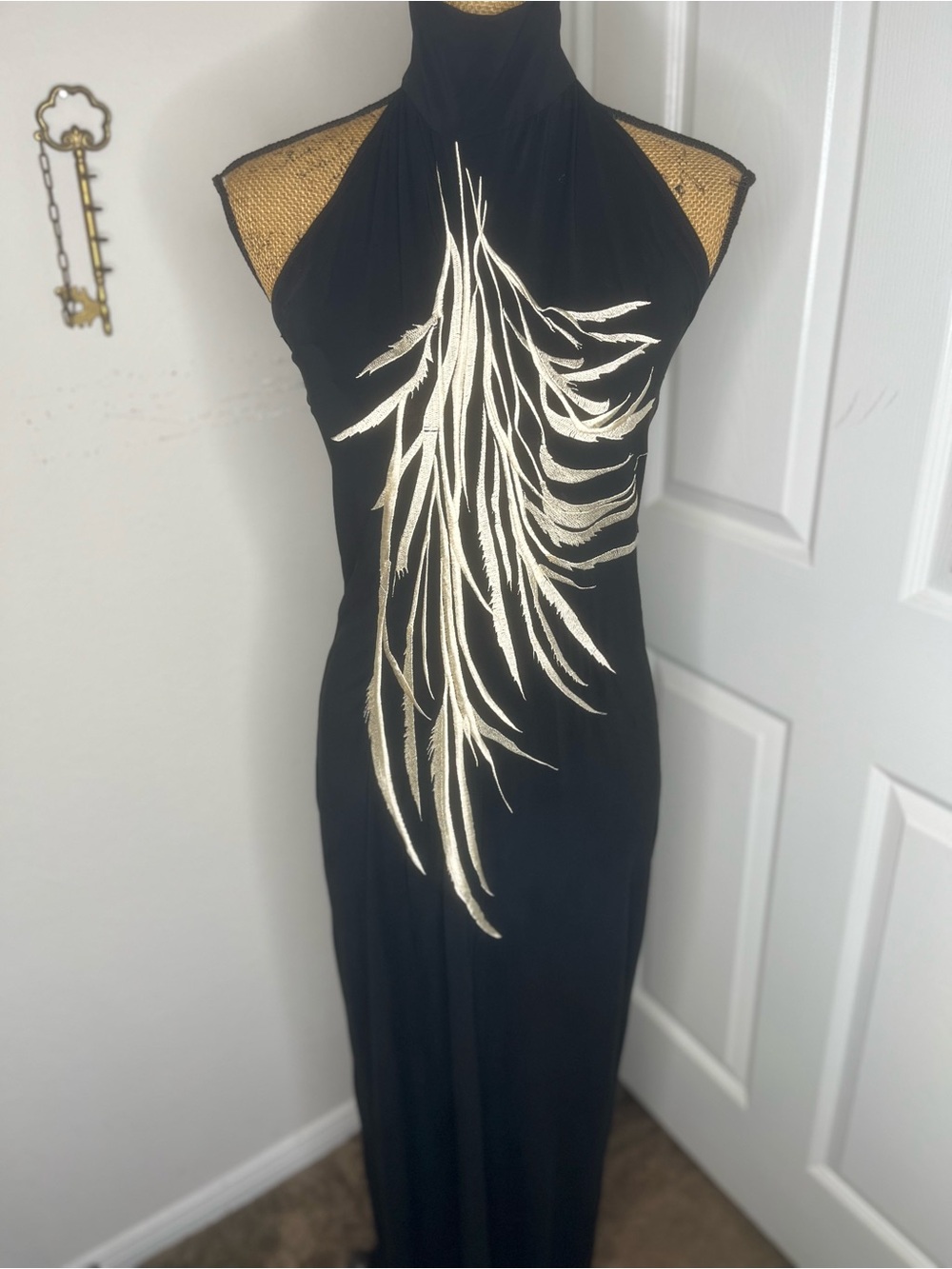 Isabel de Pedro Black Maxi Dress with Gold Feather Detail